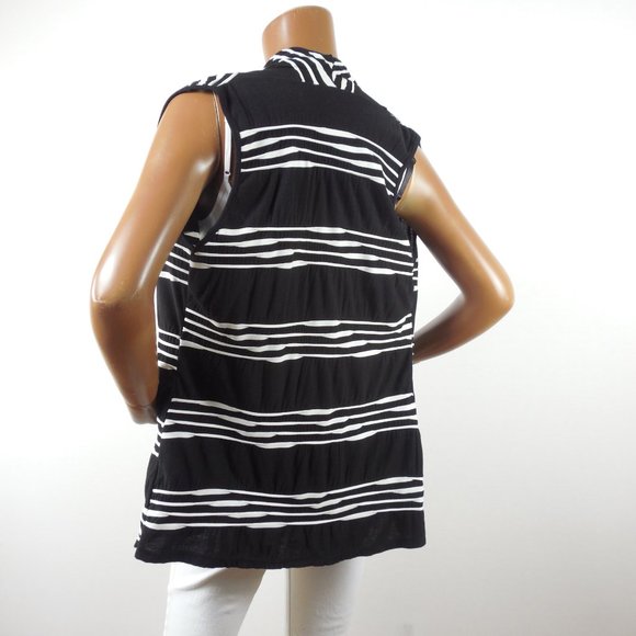 CACHE Top L Black White Cardigan Vest Open Front Stretch Asymmetric Casual Shirt - Picture 5 of 9